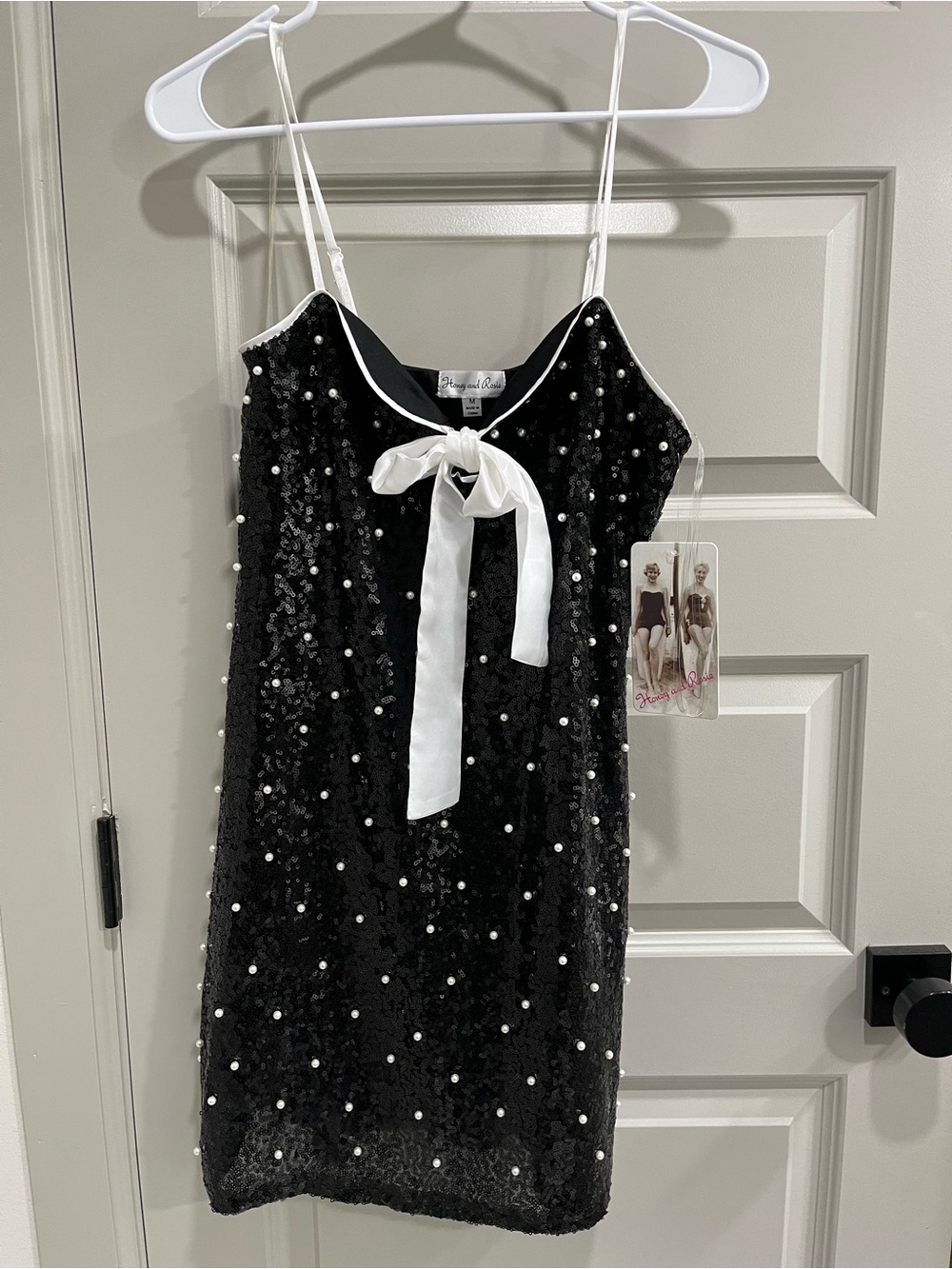 Honey and Rosie Black Sequin Slip with White Bow HOCO